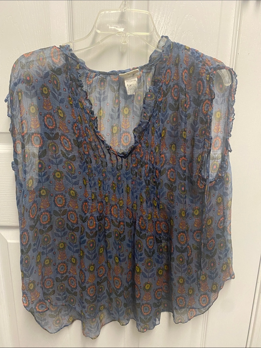Natural Life Blue Floral Sheer V-Neck Women’s Top